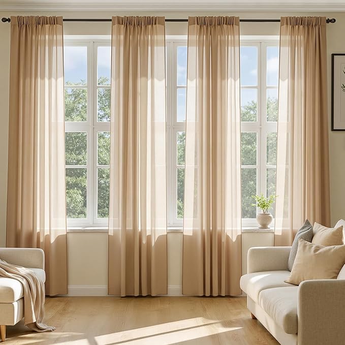 MIULEE Brown Sheer Curtains 96 Inches Long, 4 Panels Set, Rod Pocket Voile Drapes Light Filtering and Semi Transparent, Elegant Window Treatments for Bedroom Living Room,42 x 96 Inches