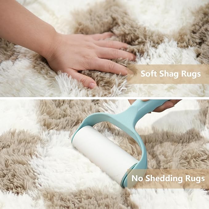 Checkered Area Rugs for Bedroom 5x8, Fluffy Beige and White Checkered Rug Fuzzy Shag Shaggy Carpets for Living Room, Soft Plush Furry Rug for Boy Girls Room Dorm Home Decor