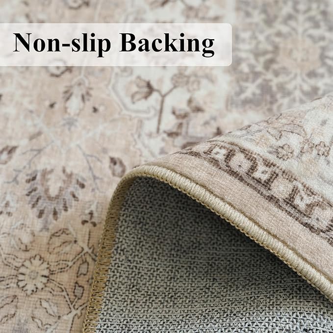 4x5 Living Room Area Rugs: Washable Farmhouse Bedside Rugs Non Slip Low Pile Vintage Small Carpet for Kitchen Bedroom Non-Shedding Printed Floor Mat for Nursery Room Office Dining Room(4x5，Beige)