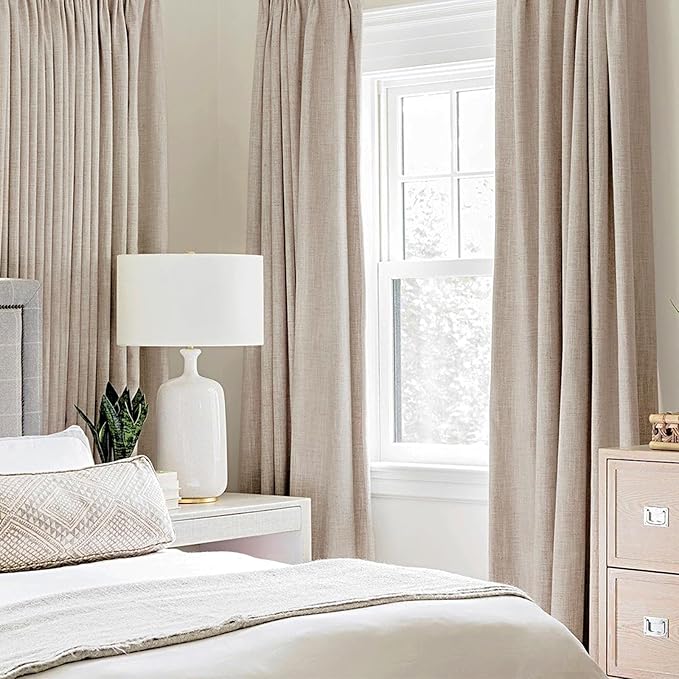 MIULEE 100% Blackout Linen Textured Curtains for Bedroom 100 Inches Extra Long Thermal Insulated Natural Beige Grommet Room Darkening Curtains & Drapes Luxury for Living Room Nursery (2 Panels)