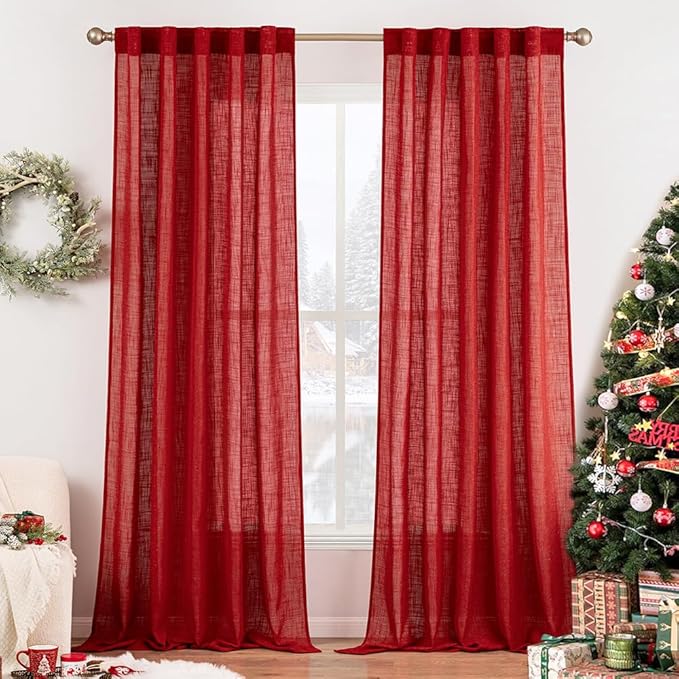 MIULEE Red Linen Curtains 96 Inch Long for Bedroom Living Room, Soft Thick Linen Textured Window Drapes Semi Sheer Light Filtering Rod Pocket Back Tab Christmas Burlap Look, 2 Panels