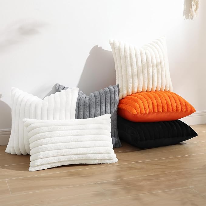decorUhome Cozy Faux Fur Throw Pillow Covers 16x16 Set of 2 Decorative Soft Plush Striped Modern Farmhouse Boho Couch Pillow Cases with Velvet Back for Sofa Bed Living Room, Black