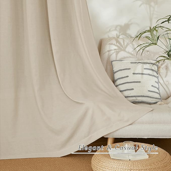 NICETOWN Thick Linen Curtains Privacy with Light Filtering, Grommet Semi Sheer Not See Through Linen Blend Curtain Drapes Vintage & Rustic for Farmhouse / Living Room, Angora, W55 x L84, 2 Panels
