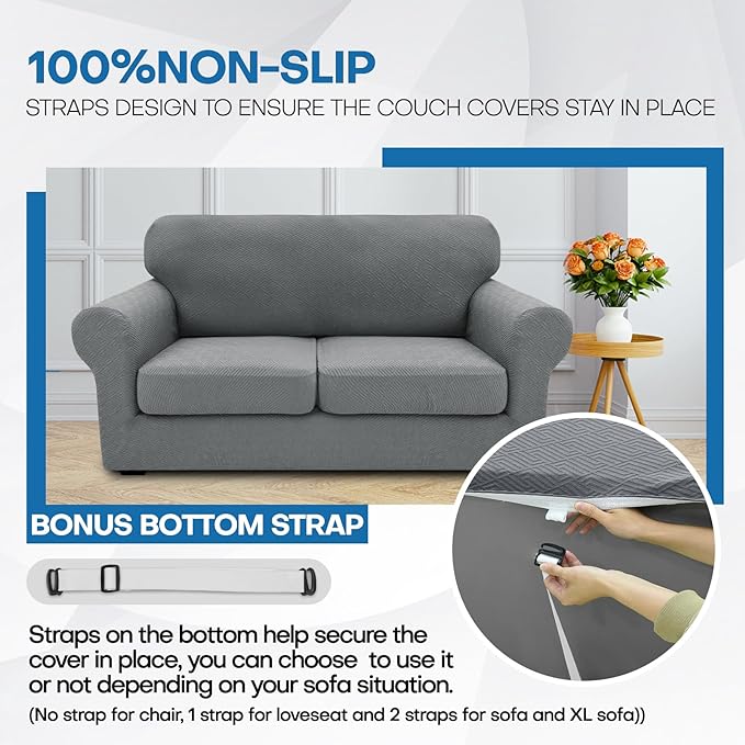 XINEAGE 2026 New 4 Pieces Extra Large Couch Covers for 3 Cushion Sofa Super Stretch Sofa Cover for 3 Large Seat Cushion Universal Slip Cover for Living Room (Light Gray), 91"-110"(3 Cushions)