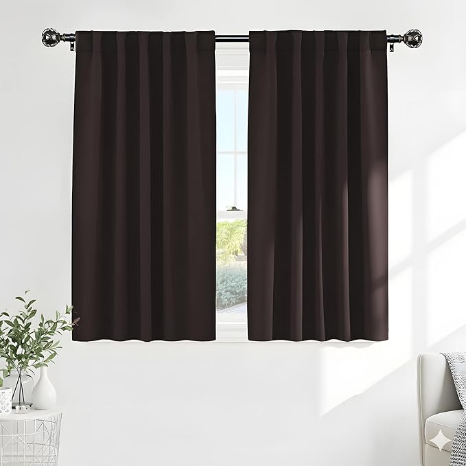 PONY DANCE Bedroom Window Drapes - Blackout Curtains Energy Efficient Thermal Insulated Back Tab/Rod Pocket Curtain Panels/Window Treatments, 42 W x 54 L, Brown, Double Pieces