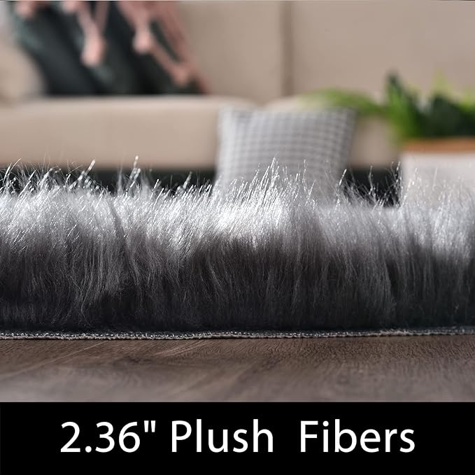 Latepis Round Area Rugs Dark Gray 6.7ft Faux Sheepskin Fur Circle Rug for Living Room Bedroom Fluffy Shaggy Furry Rug Room Decor