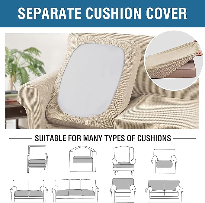 H.VERSAILTEX 4 Piece Stretch Sofa Covers for 3 Cushion Couch Covers for Living Room Furniture Slipcovers (Base Cover Plus 3 Seat Cushion Covers) Thicker Jacquard Fabric (Large Sofa, Natural)