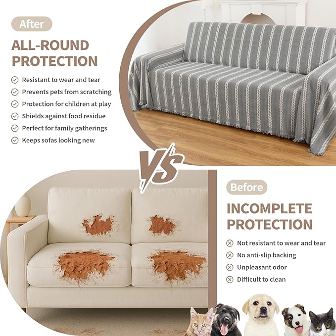 Boho Sofa Covers for 2 Cushion Couch, Couch Cover for Dogs, Loveseat Cover Soft Throw Blankets with Tassels(Striped Grey, 71x102)