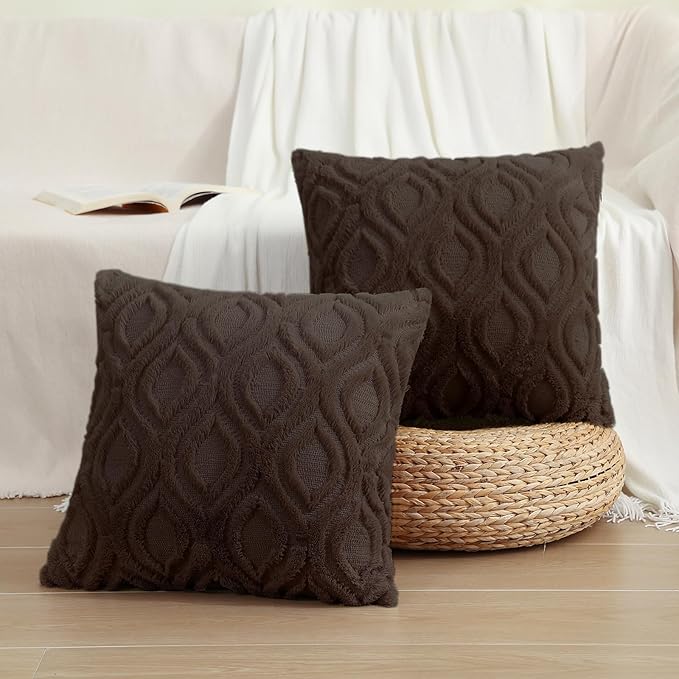 decorUhome Throw Pillow Covers 24x24 Inch Set of 2, Soft Plush Faux Wool Dark Brown Solid Couch Pillow Covers, Accent Euro Sham Farmhouse Neutral Square Pillow Cases for Sofa Bed Living Room