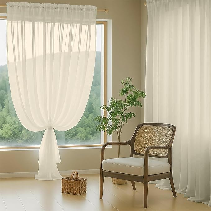 Cream Sheer Curtains for Windows 108 inches Long 2 Panels Set, Soft Lightweight Light Filtering Drapes for Living Room Bedroom, Dual Rod Pocket Sheer Curtains, 2x42Wx108L inches