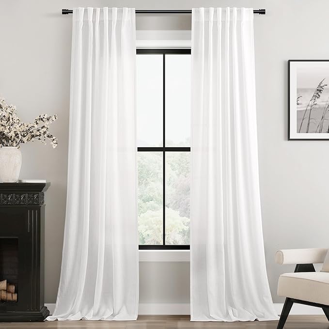 Long White Curtain 108 inches Long 2 Panels Set Back Tab Light Filtering Cotton Textured Curtain Modern Farmhouse Coastal Decor White Linen Drapes 108 inch Length for Large Window 9 FT Tall 42x108