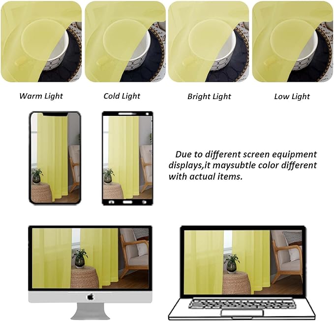 Chyhomenyc Sheer Curtains 36 inch Length 2 Panels Set, Light Filtering Voile Rod Pocket Short Window Curtians for Bathroom Living Room Farmhouse Small Windows, Each 42Wx36L in, 2PCS, Lemon