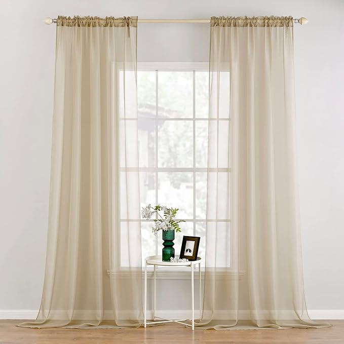 MIULEE 2 Panels Solid Color Sheer Window Curtains Elegant Window Voile Panels/Drapes/Treatment for Bedroom Living Room (54 X 120 Inches Beige)