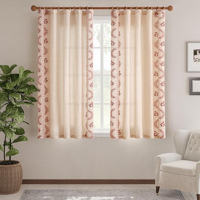 jinchan Belrose Linen Curtains for Bedroom Floral Curtains 63 Inch Length Linen Blend Burgundy Red Embroidered Drapes Farmhouse Flower Patterned Drapes for Living Room Window Treatments Set 2 Panels