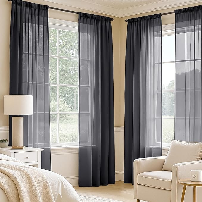 MIULEE Black Sheer Curtains 90 Inches Long, 4 Panels Set, Light Filtering Halloween Rod Pocket Voile Drapes for Living Room and Bedroom, Airy Soft Fabric Window Treatments, 54 x 90 Inches