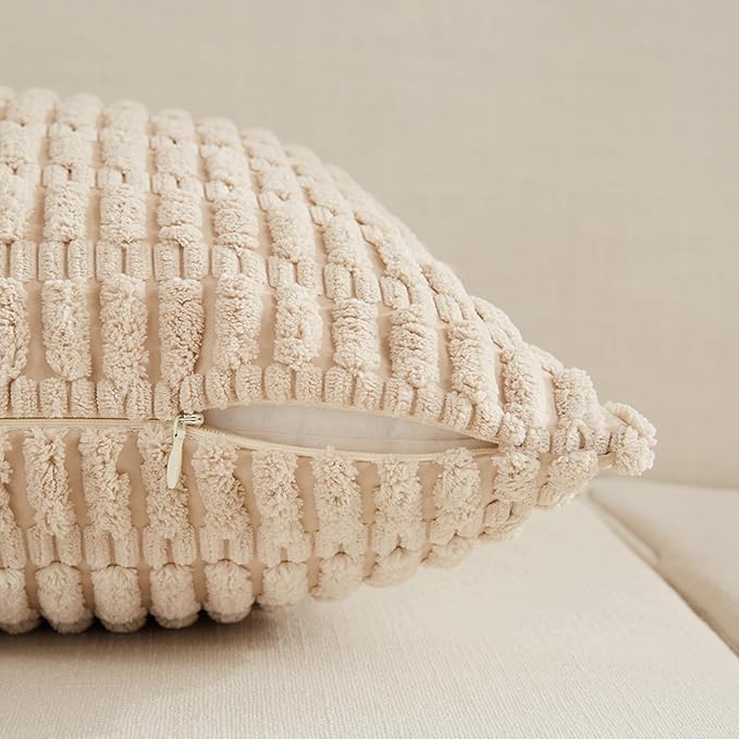 Fancy Homi 4 Packs Tan Decorative Throw Pillow Covers 26x26 Inch for Living Room Couch Bed Sofa, Beige Rustic Farmhouse Boho Home Decor, Soft Plush Striped Corduroy Square Cushion Case 66x66 cm