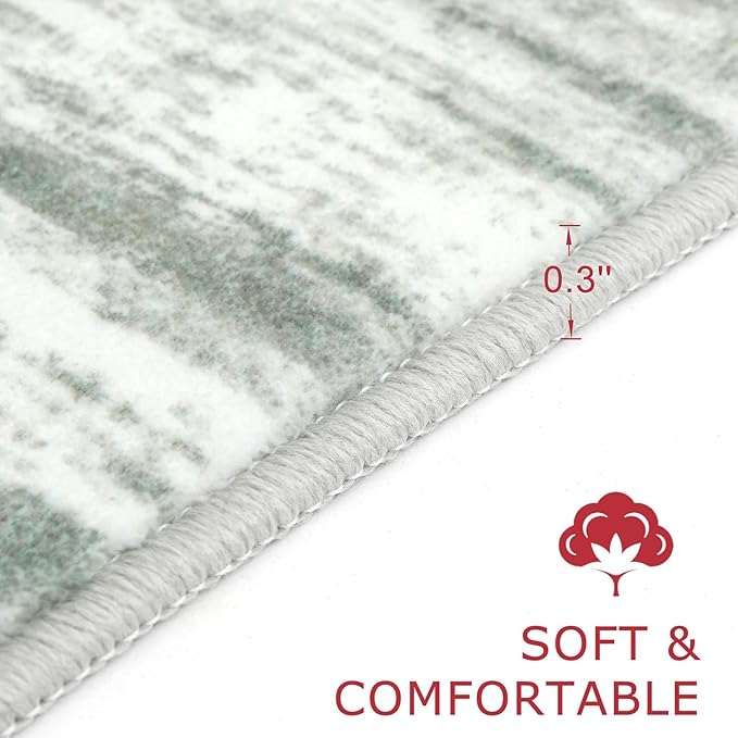 KOZYFLY Modern Abstract Runner Rugs 2x6 Grey Green Machine Washable Area Rug for Bedroom Non-Slip Living Room Rug, Faux Wool Soft Low Pile Office Carpet for Dining Room, Bedroom, Kitchen Bathroom