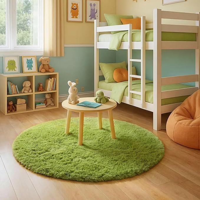 Grass Green Round Rugs 5Ft for Bedroom, Fluffy Shaggy Circle Area Rugs for Kids Playroom Baby Nursery, Cozy Cool Living Room Decor Aesthetic, Cute Fuzzy Furry Plush Carpet for Teen Girls Boys Toddler