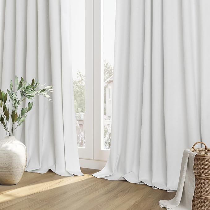 Guken White 100% Blackout Linen Curtains 52 Inch Wide by 118 Inch for Living Room Bedroom Back TabRod Pocket Thermal Insulated Black Out Linen 2 Drapes Room Darkening Window Curtains