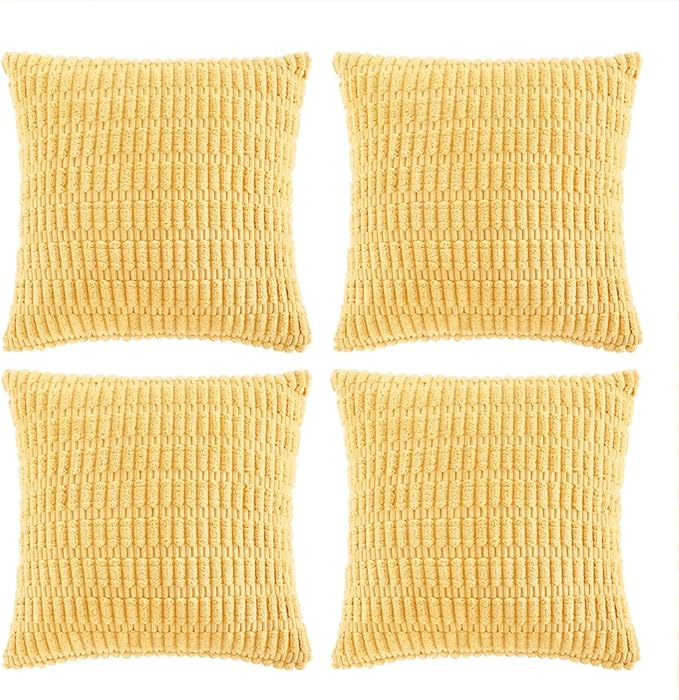 Fancy Homi 4 Packs Yellow Euro Decorative Throw Pillow Covers 26x26 Inch for Living Room Couch Bed Sofa, Rustic Farmhouse Boho Home Decor, Soft Striped Corduroy Square Cushion Case 66x66 cm