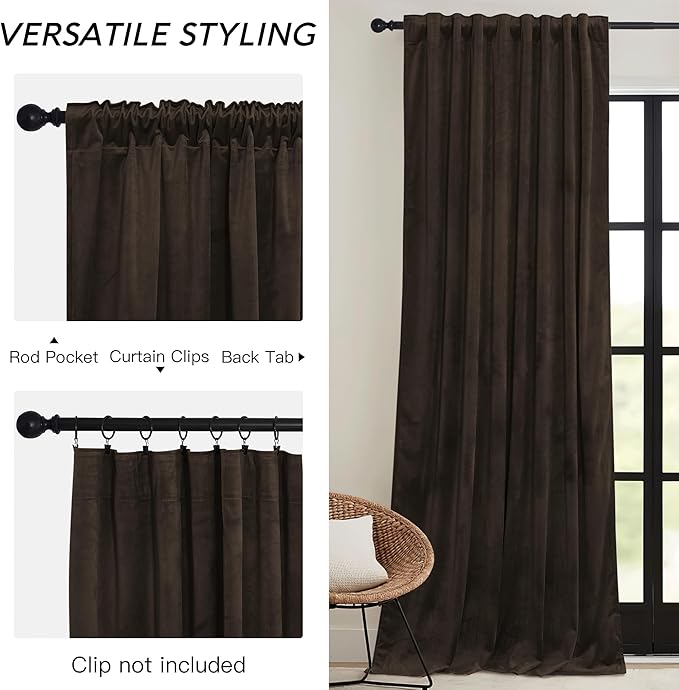 RYB HOME Brown Velvet Curtains 63 inches with Hook Belt, Soft Fabric Room Darkening Thermal Insulated Luxurious Home Decor Curtains for Living Room Bedroom, W 42" x L 63", 2 Panels Set