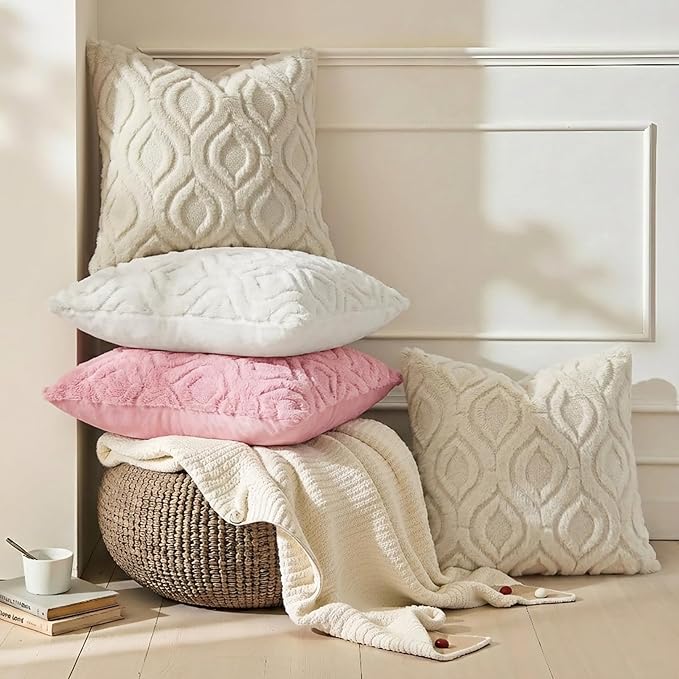 decorUhome Throw Pillow Covers 24x24 Inch Set of 2, Soft Plush Faux Wool Beige Solid Couch Pillow Covers, Accent Euro Sham Farmhouse Neutral Square Pillow Cases for Sofa Bed Living Room