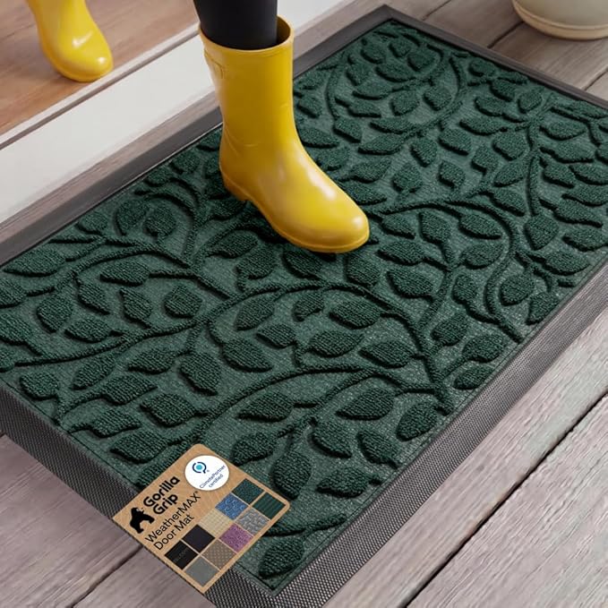 GORILLA GRIP 100% Waterproof All-Season WeatherMAX Doormat, US Designed Natural Rubber, Stain and Fade Resistant, Low Profile Indoor Outdoor Door Mats, Easy Clean Patio Mat, 29x17, Moss Vine Leaves