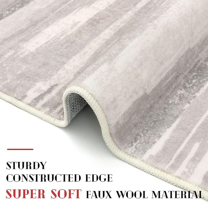 Lansny Modern Abstract Entryway Rug Indoor 2x3 Neutral Washable Non-Slip Soft Small Area Rug Light Beige and Grey Kitchen Mat Thin Print Faux Wool Floor Carpet for Entrance Bedroom