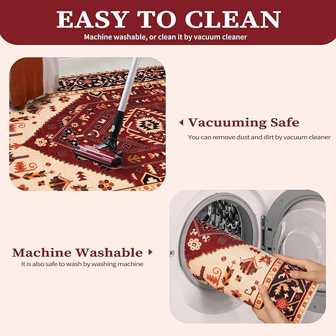 SERISSA Boho Rugs for Entryway, 2x3 Washable Non-Slip Entryway Rug Small Area Rug, Ultra Soft Oriental Vintage Red Black Low-Pile Indoor Door Mat Floor Carpet for Entrance Bedroom Kitchen Bathroom