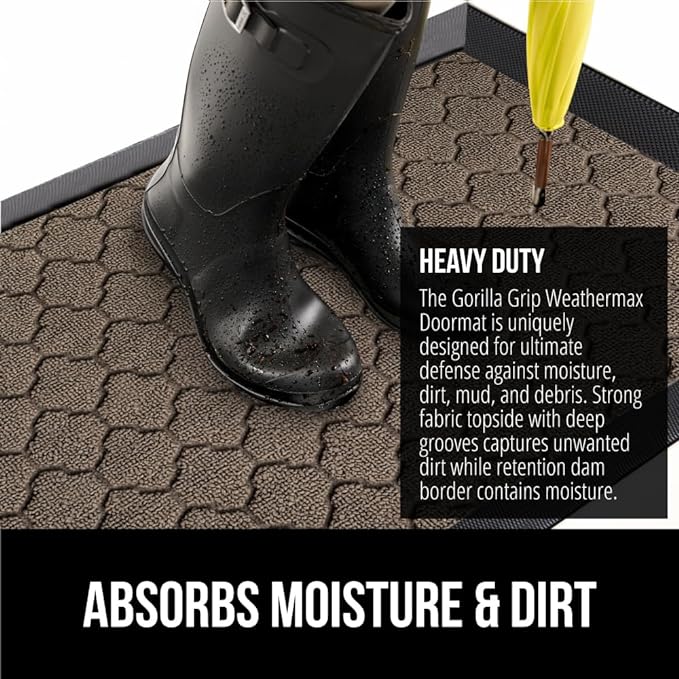 GORILLA GRIP 100% Waterproof All-Season WeatherMAX Doormat 35x23, US Designed Natural Rubber, Stain and Fade Resistant, Low Profile Indoor Outdoor Door Mats, Easy Clean Patio Mat, Latte Quatrefoil