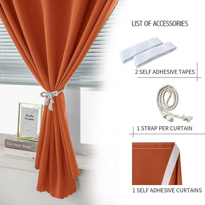 Self Adhesive Curtains Portable Blackout Curtain Simple and Easy to Install Bedroom Window Thermal Lnsulated Kitchen Room Darkening Black Small Drapes, 35" W X 59" L, Orange, 1 Panel