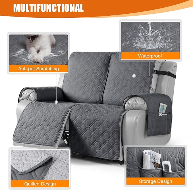 VANSOFY Waterproof Recliner Couch Covers, Sofa Covers 1-Piece Washable Reclining Sofa Cover Non-Slip Furniture Protector with Elastic Straps Pocket for Dogs, Pets(Dark Gray,Oversized 2 Seater)