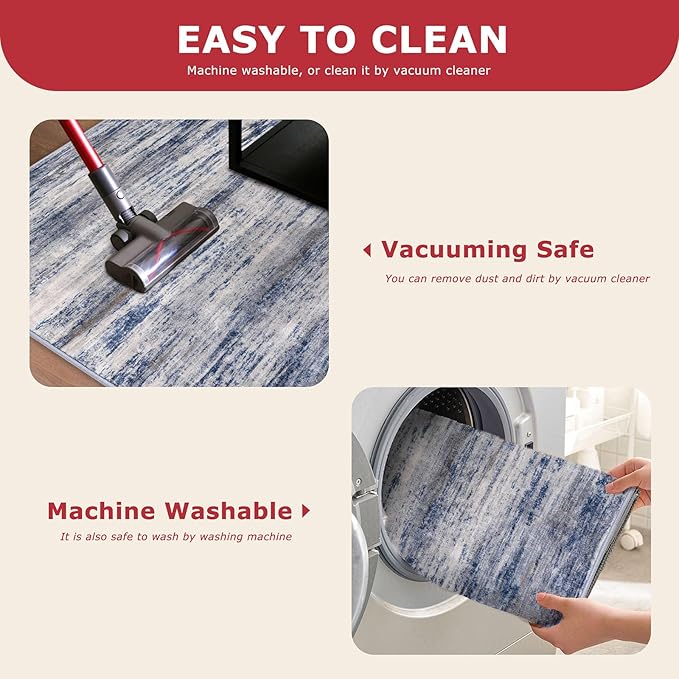 KOZYFLY Modern Abstract Washable Rug Runner 2x5 Hallway Rug Runner Non-Slip Soft Kitchen Runner Rugs, Grey-Blue Striped Carpet for Entryway Bathroom Laundry Room Foyer