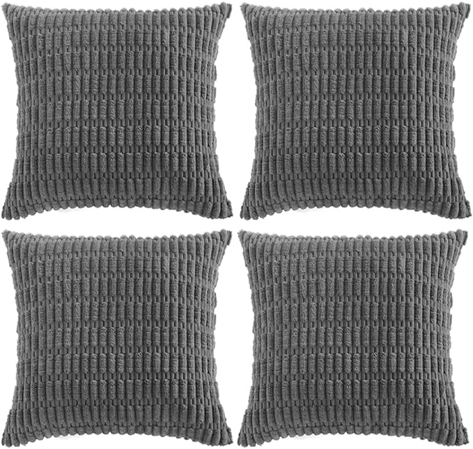 Fancy Homi 4 Packs Dark Grey Decorative Throw Pillow Covers 26x26 Inch for Couch Bed, Rustic Modern Farmhouse Boho Home Decor, Soft Plush Corduroy Gray Cute Square Accent Cushion Case 66x66 cm