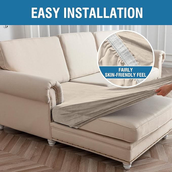 Couch Cover 4-Piece Elastic Velvet Couch Cushion Covers & Chaise Slipcovers for L-Shaped Sofas - Sofa Seat Covers Washable, Soft Protector for Couches (3 Seater + Chaise, Taupe)
