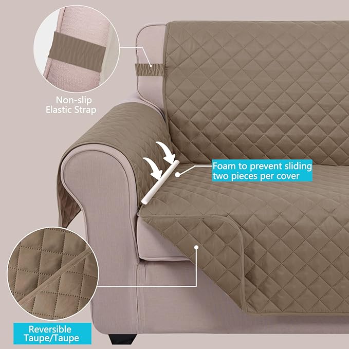 U-NICE HOME 4 Seater Sofa Cover 91 Inch Large Couch Covers for 4 Cushion Couch with Elastic Straps Water Resistant Furniture Protector Cover for Pets Cat (Sofa XX-Large, Taupe/Taupe)