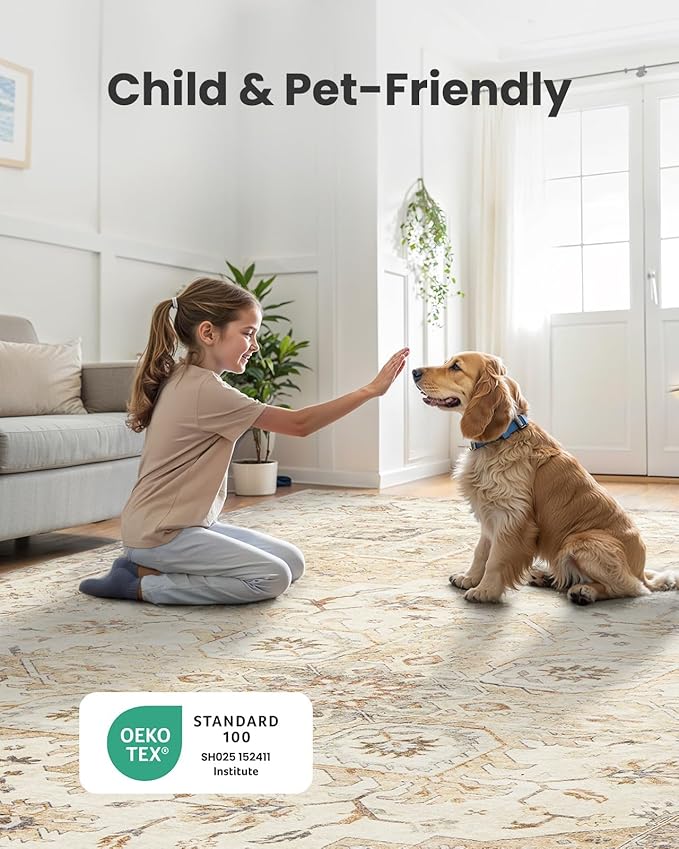 AMADA HOMEFURNISHING Round 8ft Area Rugs, Low-Profile Washable Rug with Non-Slip Backing & Durable Edge Binding, Vintage Rugs for Living Room, Bedroom, Dinning Room