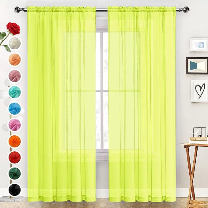 SpaceDresser Basic Rod Pocket Sheer Voile Window Curtain Panels Chartreuse 1 Pair 2 Panels 52 Width 45 Inch Long for Kitchen Bedroom Children Living Room Yard（Chartreuse, 52W x 45L）