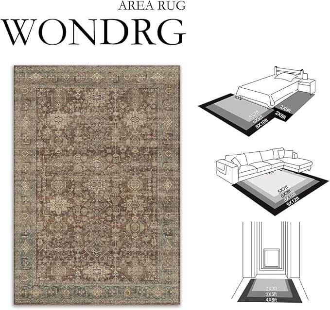 9x12 Washable Area Rug for Living Room Bedroom Vintage Rust Red Non Slip Carpet Traditional Retro Soft Low Pile Large Throw Rug for Dining Room Kitchen Office Indoor