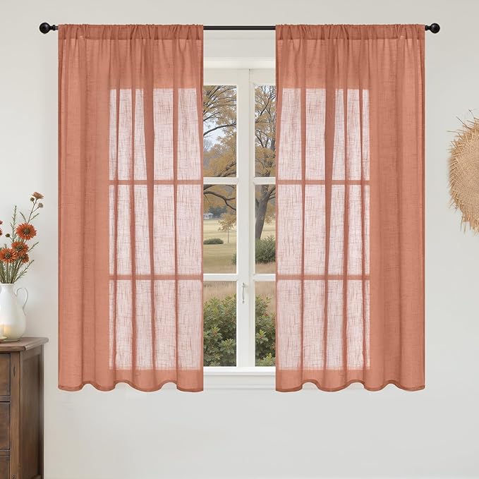BGment Rust Terracotta Linen Curtains 45 Inch Length, Burnt Orange Semi Sheer Drapes for Bathroom Short Living Room Windows Lightweight with Rod Pocket, 2 Panels Set, Each 42 Inch Wide