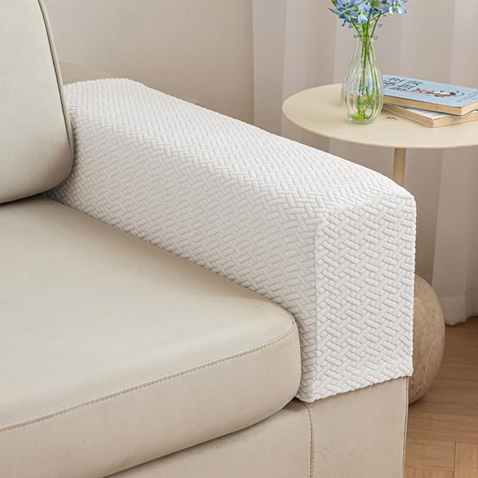 2Pcs Couch Arm Covers, Armrest Cover for Sofa, Sofa Arms Covers Washable Arms with Twist Pins Soft,Skin-Friendly for Pets (Texture Ivory White, Armrest Cover)