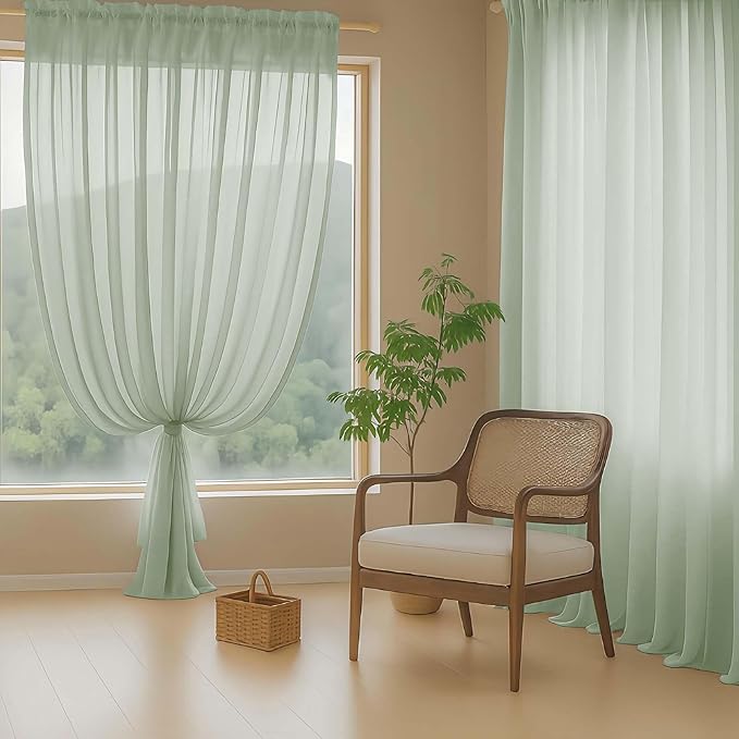 Sage Green Sheer Curtains 63 Inch Length 2 Panels, Voile Sheer Curtain for Living Room, Breathable Light Filtering Window Treatments, Soft Fabric Dual Rod Pocket Drapes, 2x42Wx63L Inches
