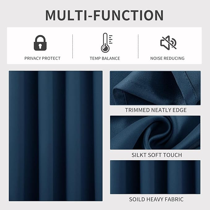 Joydeco Blackout Curtains 95 Inches Long 1 Panel, Thermal Insulated Long Curtains& Drapes 1 Piece, Room Darkening Grommet Drapes for Living Room Bedroom Window (W70 x L95 Inch, Navy Blue)