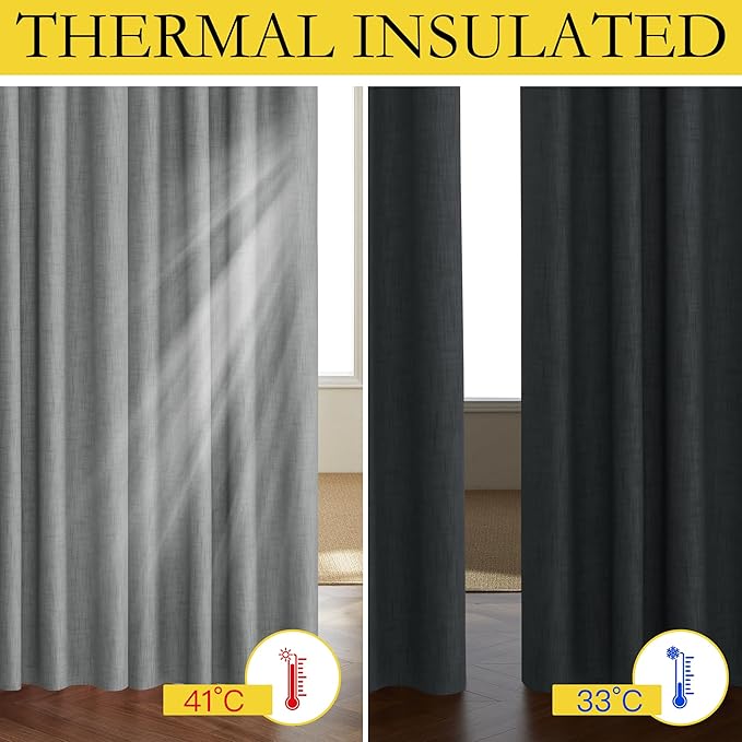 NICETOWN 100% Absolutely Blackout Linen Curtains with Thermal Insulated White Liner, Dove Grey, W62, 2 Pieces, Noise Reducing Textured Linen Look Curtains for Windows 95 inch Length for Classroom