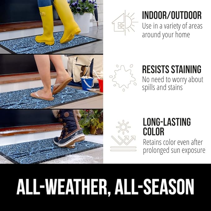 GORILLA GRIP 100% Waterproof All-Season WeatherMAX Doormat, US Designed Natural Rubber, Stain and Fade Resistant, Low Profile Indoor Outdoor Door Mats, Easy Clean Patio Mat, 29x17, Ocean Blue Waves
