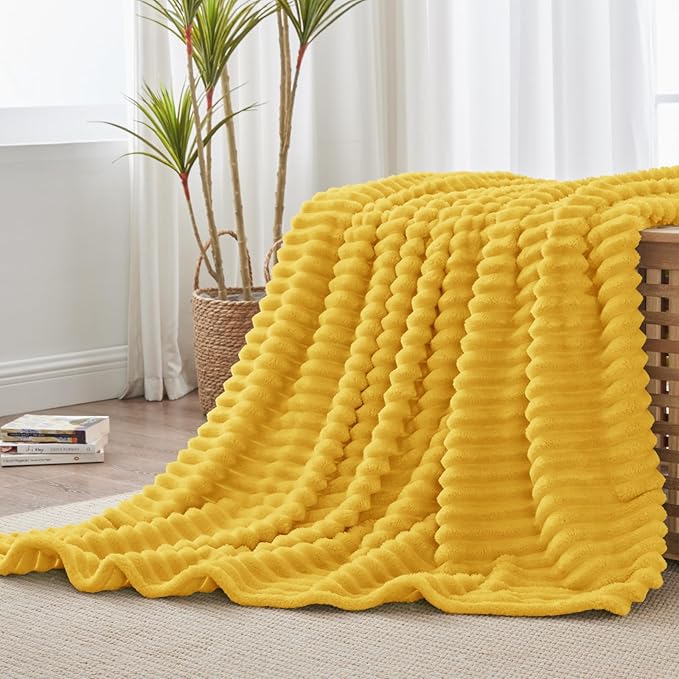 BEDELITE Fleece Throw Blanket for Couch - 300GSM Soft & Warm Fluffy Yellow Blanket, Decorative and Giftable Striped Blankets for Women, Men, 50"x60"