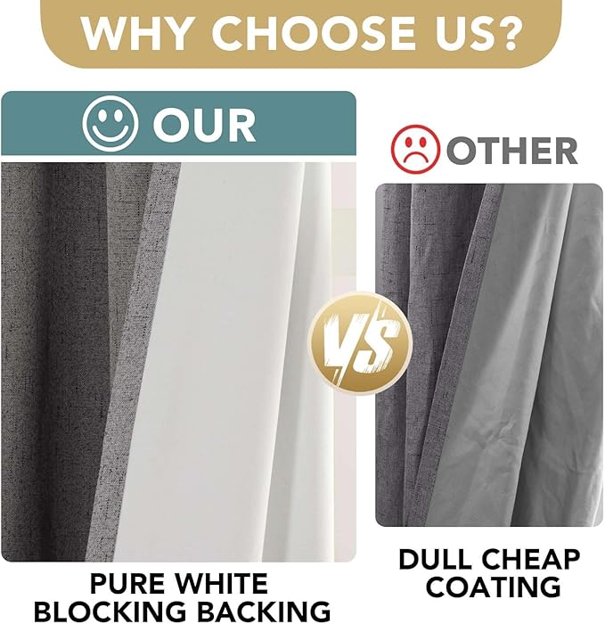H.VERSAILTEX Linen Blackout Curtains 45 Inches Long 100% Absolutely Blackout Thermal Insulated Textured Linen Look Curtain Draperies Anti-Rust Grommet, Energy Saving with White Liner, 2 Panels, Grey
