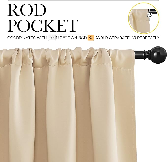 NICETOWN Room Darkening Curtains for Bedroom - Triple Weave Home Decoration Thermal Insulated Solid Drapes for Kitchen (Biscotti Beige, Set of 2 Panels, 62 x 72 Inch)