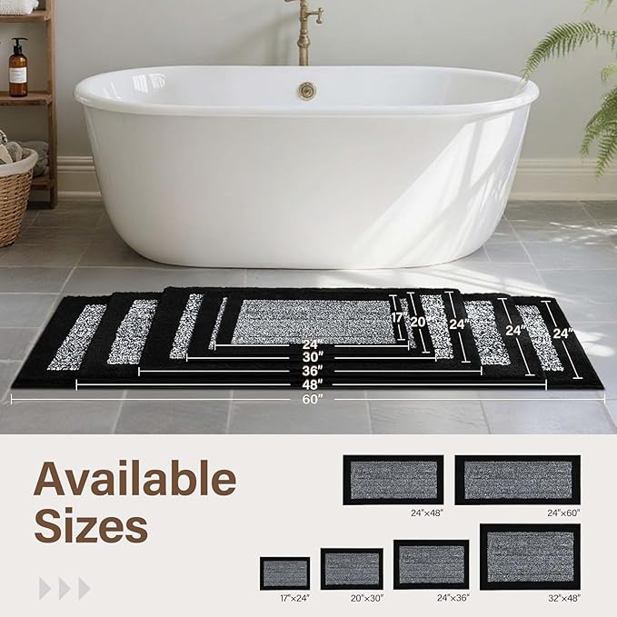 70x24 Long Bathroom Rugs Washable Non Slip, Black Bath Mat for Bathroom Floor Tub, Soft Absorbent Quick Dry Mats for Shower, Bathtub,Home Decor