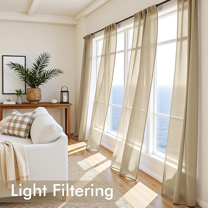 MIULEE Beige Sheer Curtains 96 Inches Long, 4 Panels Set, Rod Pocket Voile Drapes Light Filtering and Semi Transparent, Elegant Window Treatments for Bedroom Living Room,54 x 96 Inches